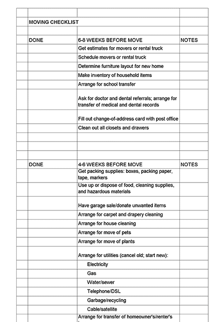 sample home moving checklist