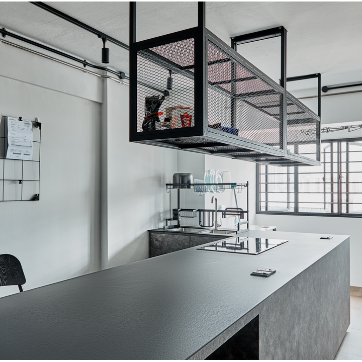 dark furniture, kitchen, industrial